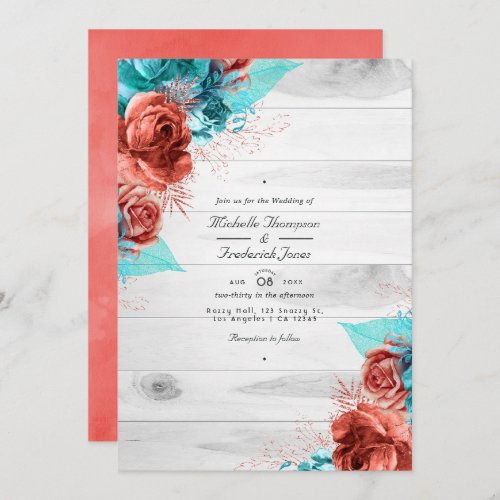 Rustic Turquoise and Coral Floral QR Code Wedding Invitation