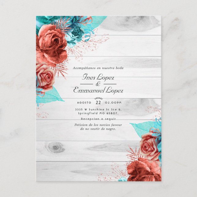 Rustic Turquoise and Coral Floral Wedding Announcement Postcard (Front)