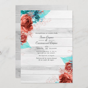 Rustic Turquoise and Coral Floral Wedding Invitation