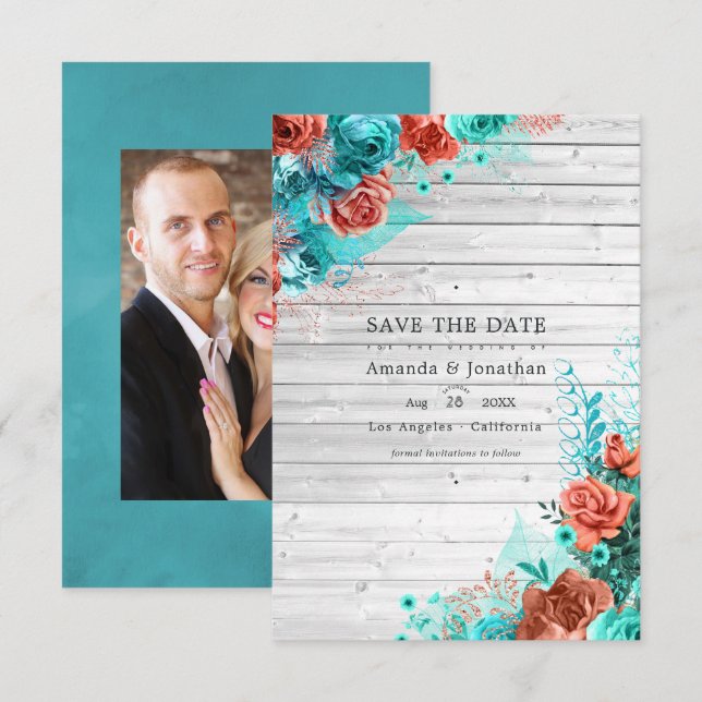 Rustic Turquoise and Coral Rustic Floral Wedding Save The Date (Front/Back)