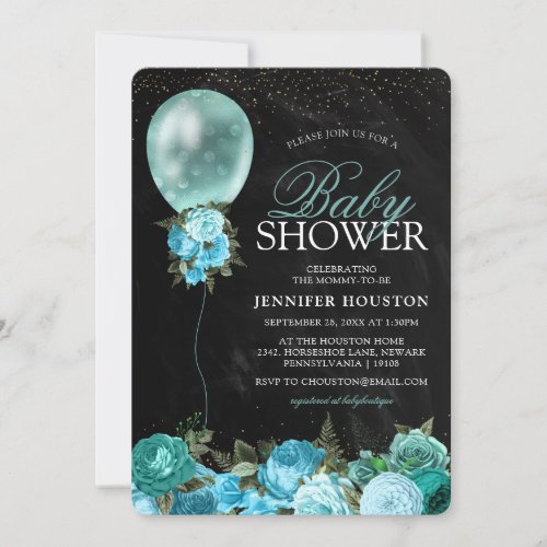 Rustic Turquoise Balloon  Floral Baby Shower Invitation