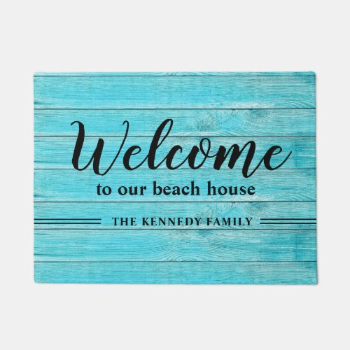 Rustic Turquoise Beach House Family Name Welcome Doormat