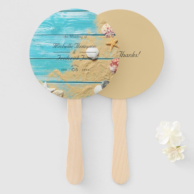 Rustic Turquoise Beach Wedding Hand Fan (Front and Back)