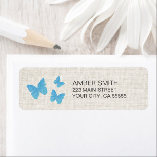 Rustic Turquoise Blue Butterfly Watercolor Linen Label