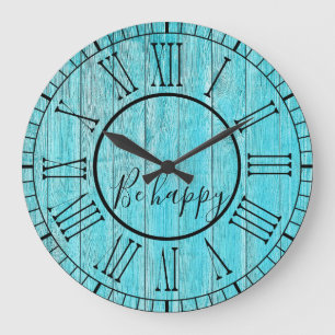 Rustic Turquoise Blue Wood Be Happy Quote Large Clock