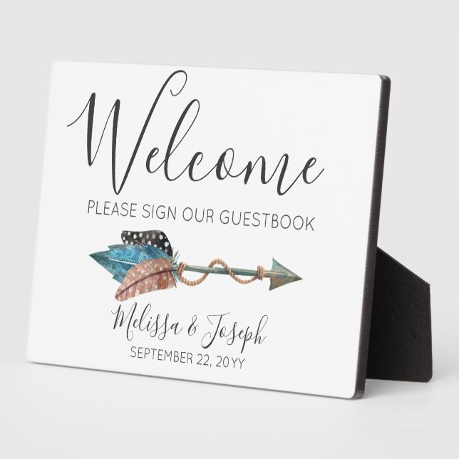 Rustic Turquoise Boho Arrow Welcome Guestbook Sign Plaque (Side)