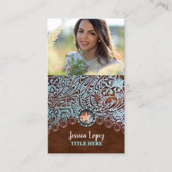 Rustic Turquoise Brown Western Country Leather Business Card by ThemeWeddingBoutique at Zazzle