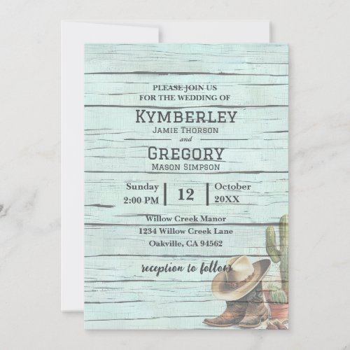 Rustic Turquoise Country Western Boots Hat Invitation