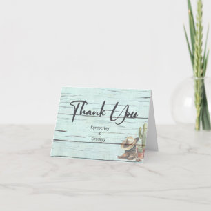 Rustic Turquoise Country Western Boots Hat Letterpress Thank You Card
