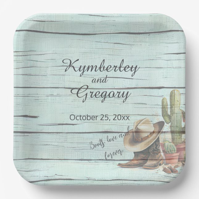Rustic Turquoise Country Western Boots Hat Paper Plates (Front)