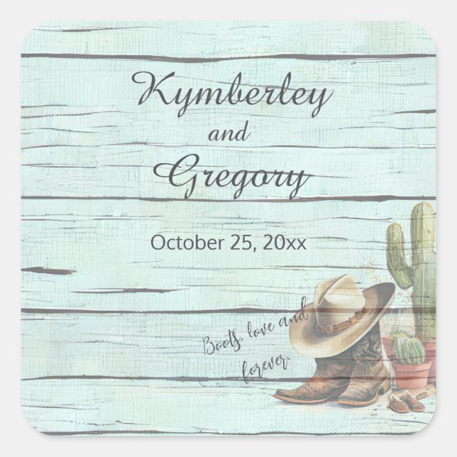 Rustic Turquoise Country Western Boots Hat Square Sticker (Front)