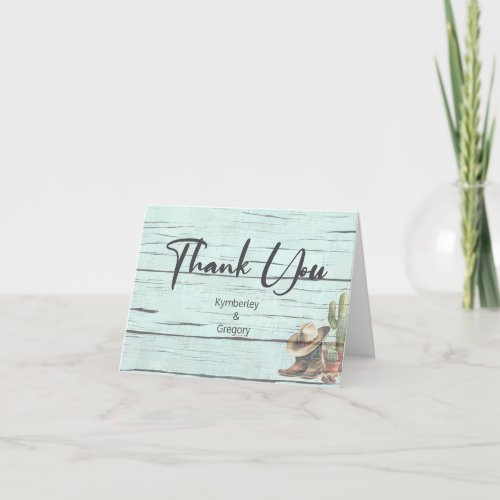 Rustic Turquoise Country Western Boots Hat Thank You Card