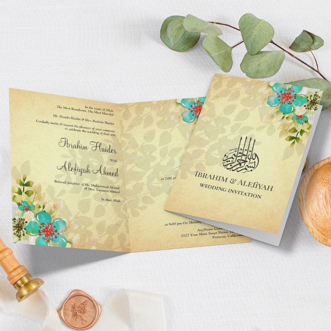 Rustic Turquoise Floral Islamic Muslim Wedding Invitation (Creator Uploaded)
