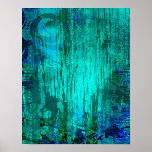 Rustic Turquoise Floral Weathered Wood Grain Poster