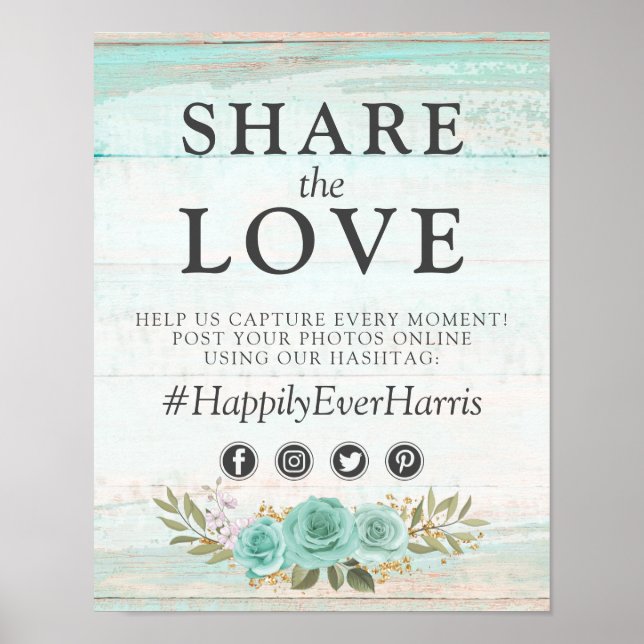 Rustic Turquoise Floral Wedding Hashtag Photo Sign (Front)
