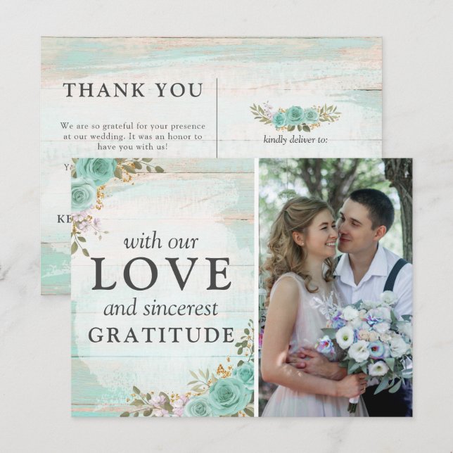 Rustic Turquoise Floral Wedding Thank You Photo Postcard (Front/Back)