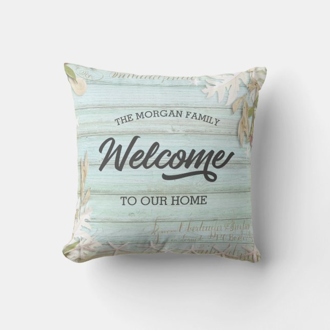 rustic turquoise floral welcome family  throw pill throw pillow (Front)