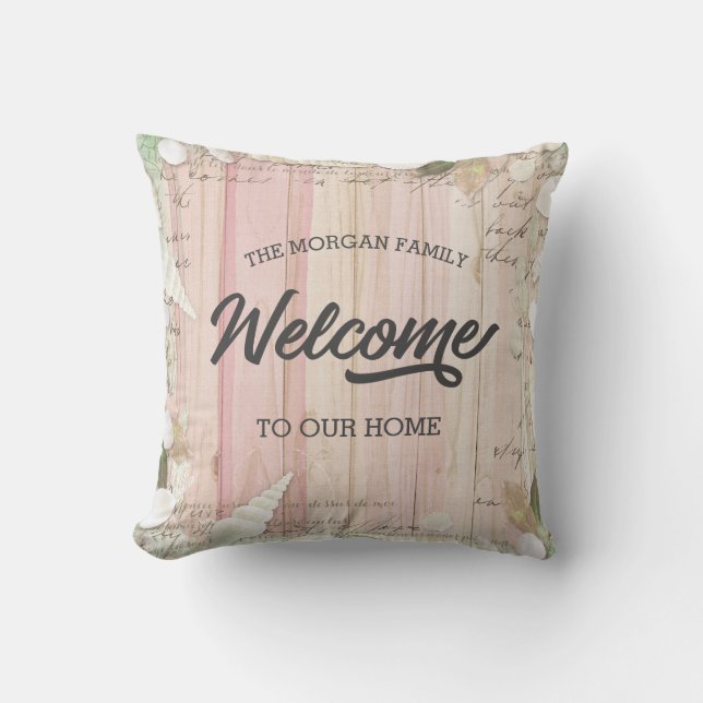 rustic turquoise floral welcome family throw pillow (Front)