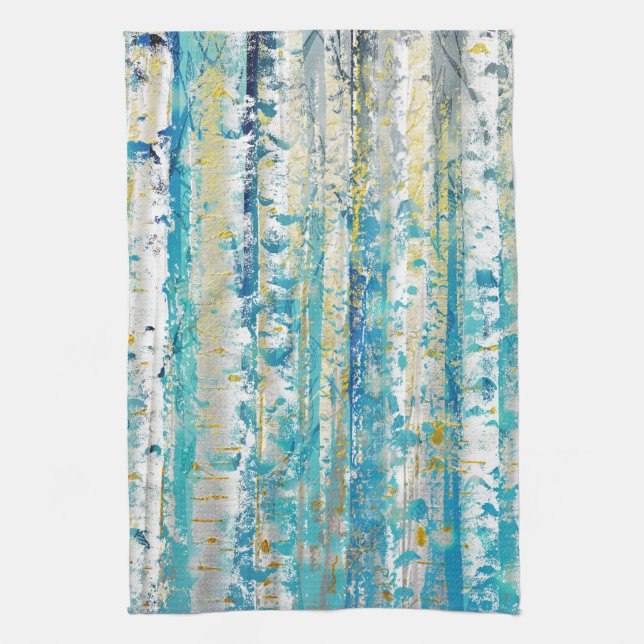 Rustic Turquoise Gray and Gold Birch Trees Kitchen Towel (Vertical)