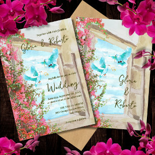 Rustic Turquoise Lovebirds Bougainvillea Wedding Invitation