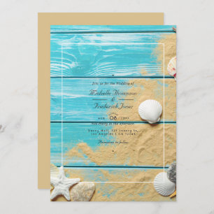 Rustic Turquoise QR Code RSVP Beach Wedding Invitation