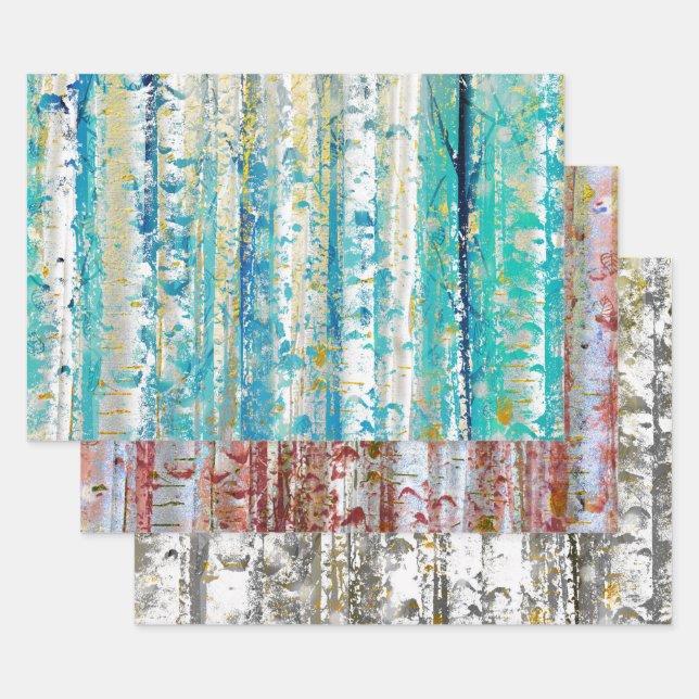 Rustic Turquoise Rust and Yellow Birch Trees Wrapping Paper Sheets (Set)