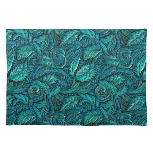 Rustic turquoise tooled leather floral cloth placemat (Front)