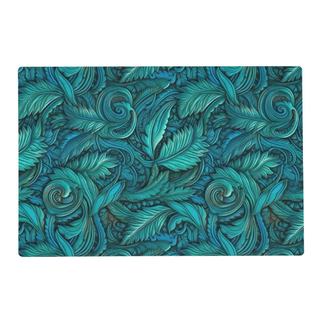 Rustic turquoise tooled leather floral placemat (Front)