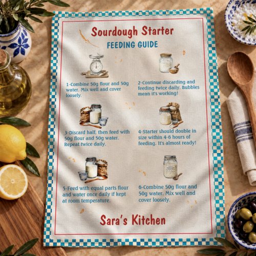Rustic Turquoise Vintage Sourdough Feeding Guide Kitchen Towel