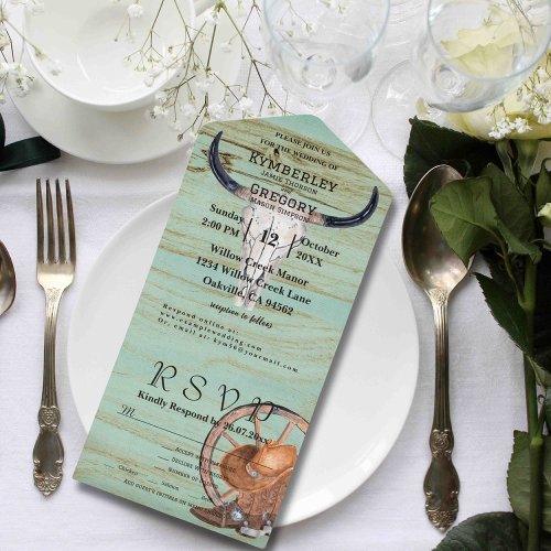 Rustic Turquoise Weathered Wood Western Theme All In One Invitation