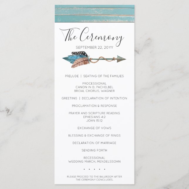 Rustic Turquoise Wood Boho Feather Wedding Program (Front)