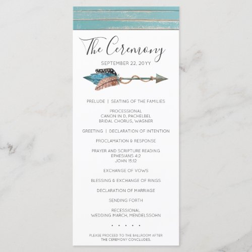 Rustic Turquoise Wood Boho Feather Wedding Program