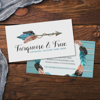 Rustic Turquoise Wood & Feather Arrow Boho Chic Business Card by CyanSkyDesign at Zazzle