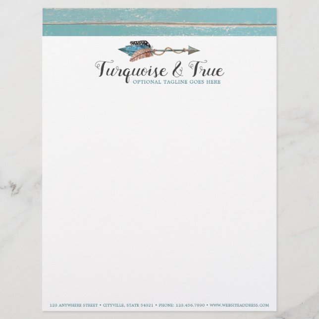 Rustic Turquoise Wood & Feather Arrow Boho Chic Letterhead (Front)