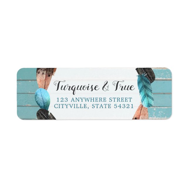 Rustic Turquoise Wood Feather Boho Return Address Label (Front)