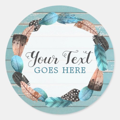 Rustic Turquoise Wood  Feather Wreath Boho Chic Classic Round Sticker