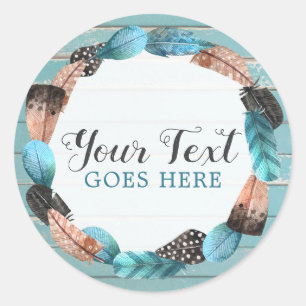 Rustic Turquoise Wood & Feather Wreath Boho Chic Classic Round Sticker