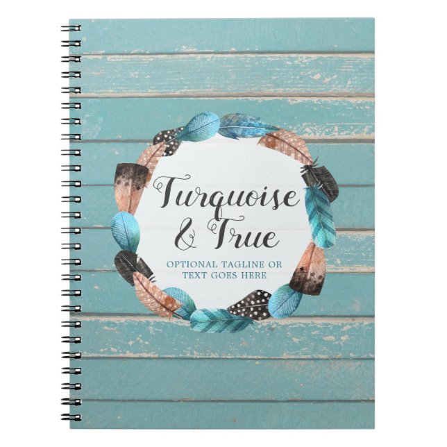 Rustic Turquoise Wood & Feather Wreath Boho Chic Notebook (Front)