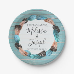 Rustic Turquoise Wood Feather Wreath Boho Wedding Paper Plates