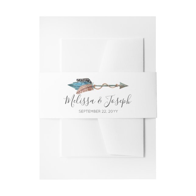 Rustic Turquoise Wood Feathers Arrow Boho Wedding Invitation Belly Band (Front Example)