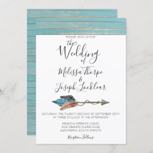 Rustic Turquoise Wood Feathers Wedding Invitation