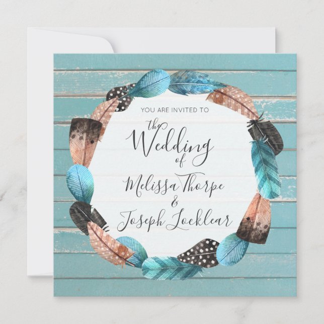 Rustic Turquoise Wood Feathers Wedding Invitation (Front)