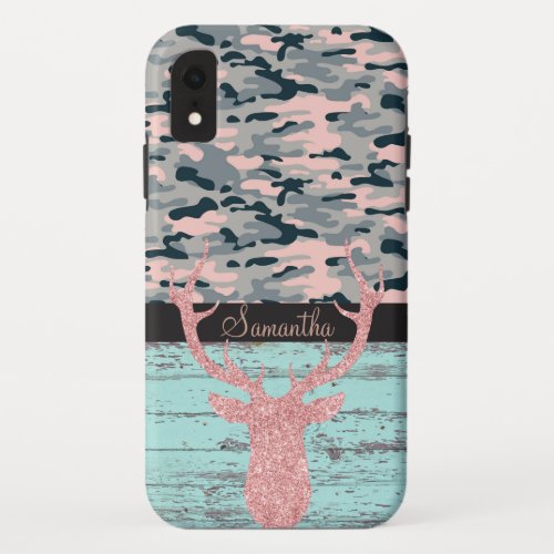 Rustic Turquoise Wood Pink Antler Camo iPhone XR Case