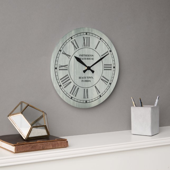 Rustic Turquoise Wood Roman Numerals Beach Large Clock (Office)