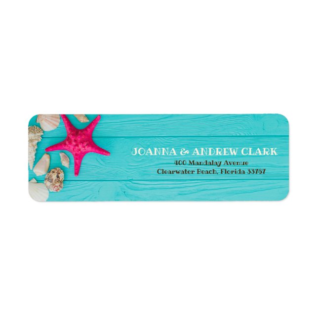 Rustic Turquoise Wood Seashells Starfish Wedding Label (Front)
