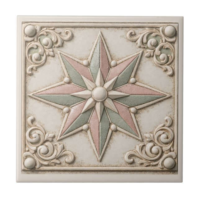 Rustic Tuscan Sage Green and Blush Star  Ceramic Tile (Front)