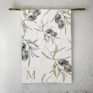 Rustic Tuscan Watercolor Olive Branch Monogram Kitchen Towel