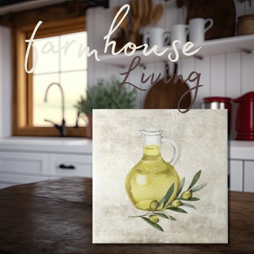 Rustic Tuscany Olive Oil Bottle Watercolors Ceramic Tile