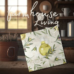 Rustic Tuscany Olives Oil Bottle Watercolors Ceramic Tile<br><div class="desc">Watercolor olives & branches design in a faux background.  Bottle of olive oil was added to this design.  100% customer satisfaction with "Zazzle" every day.</div>