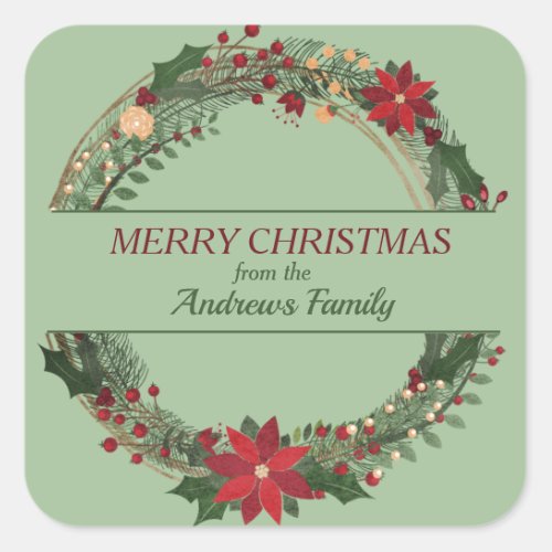 Rustic Twig Holly Poinsettia Wreath on Green Square Sticker
